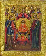 Rat der Engel (Ангелскй Собор). Russische Ikone der sieben Erzengel (von links nach rechts: Jehudiel, Gabriel, Sealtiel, Michael, Uriel, Raphael, Barachiel, versammelt um Christus Emmanuel), 18. Jh.